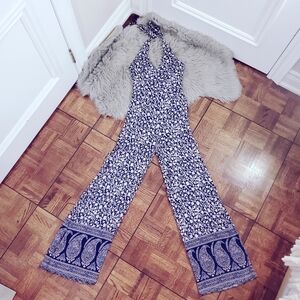 American Eagle Outfitters Blue Paisley Retro Flare Halter Jumpsuit